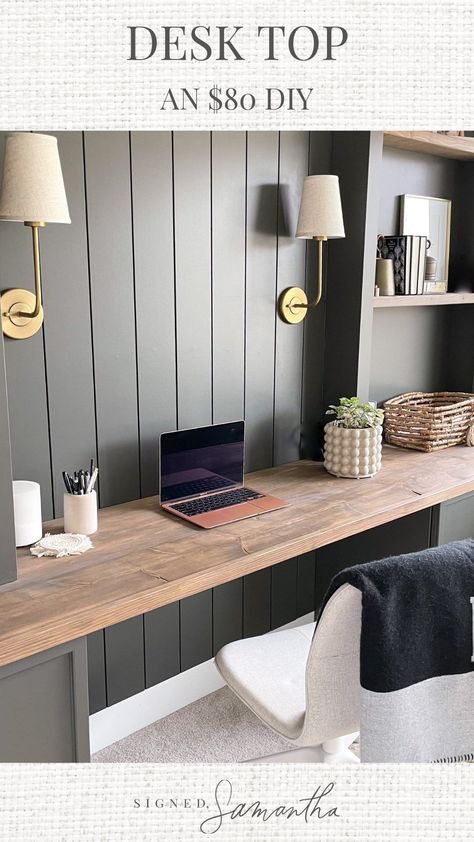 Home Office Shared Desk, Shelving For Desk Top, Long Wall Desk Office, Diy Wall To Wall Desk, Full Wall Desk Ideas, High Top Desk Work Spaces, Dining Room Desk Combo, Long Desk Against Wall, Built In Desk Small Space