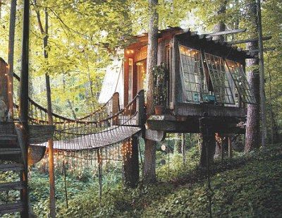 THIS IS THE KINDA STUFF I’M LOOKING FOR! Love this- and I’m in search of more rustic, fun, less refined/stiff tiny houses, forts, tree houses, playhouses, and more (ones you built, or… Swing Set Diy, Diy Swing, Rope Bridge, Airbnb Rentals, Tree Houses, Swing Set, Oh The Places Youll Go, House In The Woods, In The Woods