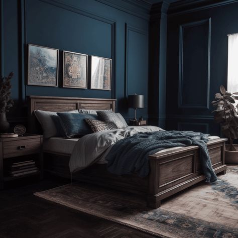 13 Stunning Dark Wood Bedroom Ideas To Create A Cozy & Inviting Space - Dark Wood And Navy Bedroom, Dark Walls Light Furniture Bedroom, Bedroom Paint Ideas With Dark Furniture, Navy Masculine Bedroom, Dark Wood Blue Bedroom, Room With Blue Walls Bedroom Ideas, Blue And Dark Wood Bedroom, Modern Blue Bedroom Ideas, Dark Wood Bedroom Furniture Wall Color