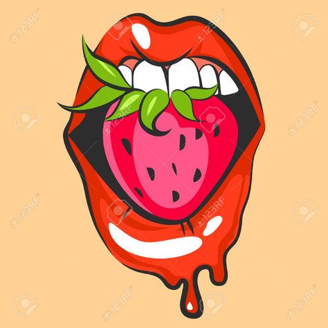 Biting Drawing, Pop Art Mouth, Cartoon Mouth, Art Mouth, Strawberry Wallpaper, Strawberry Pop, Drawing Mouth, Cartoon Mouths, Pop Art Lips