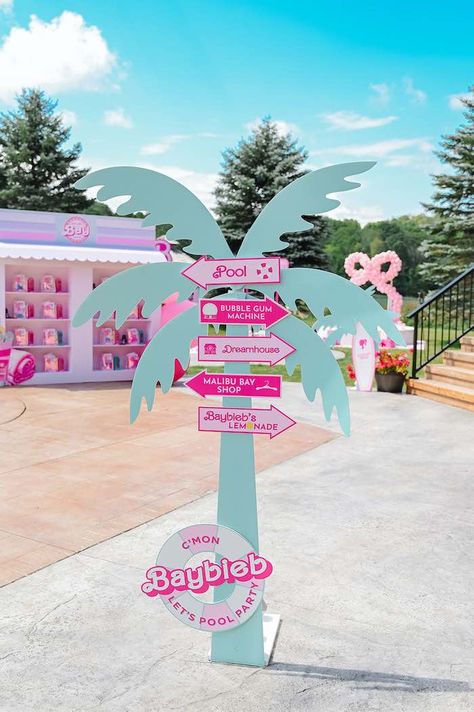 Minimalist Birthday Decor, Pool Party For Kids, Pool Party Ideas For Kids, Balloon Entrance, Summer Pool Party Ideas, Barbie Decorations, Barbie Pool Party, Pink Corvette, Birthday Decor Ideas