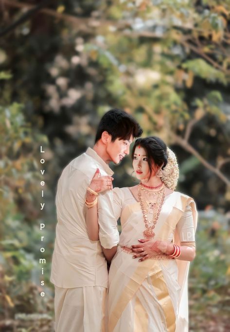 Finally Wang so And Hae so are together in Kerala wedding style Kerala Wedding Couple, Couple Poses Photography, Kerala Kasavu Saree, Saree Kerala, Marriage Photoshoot, Wedding Couple Photography, Marriage Poses, Pre Wedding Photoshoot Props, Kasavu Saree