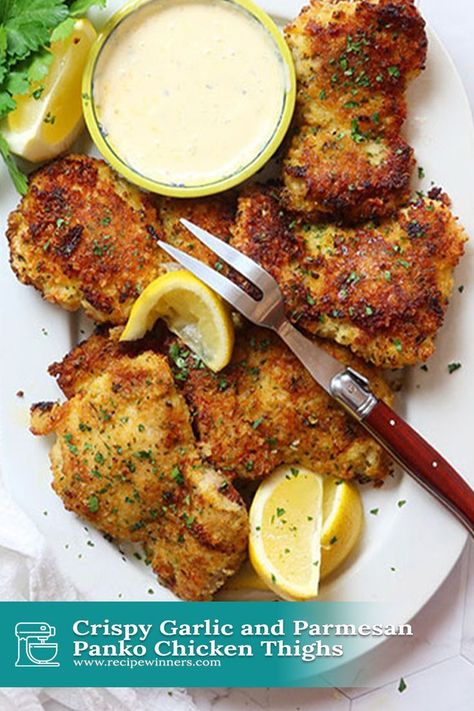 Chicken Thigh Parmesan, Panko Chicken Thighs, Chicken Thigh Parmesan Recipe, Healthy Breaded Chicken, Hot Fried Chicken Recipe, Parmesan Chicken Thighs, Breaded Chicken Thighs, Baked Panko Chicken, Chicken Thighs In Oven