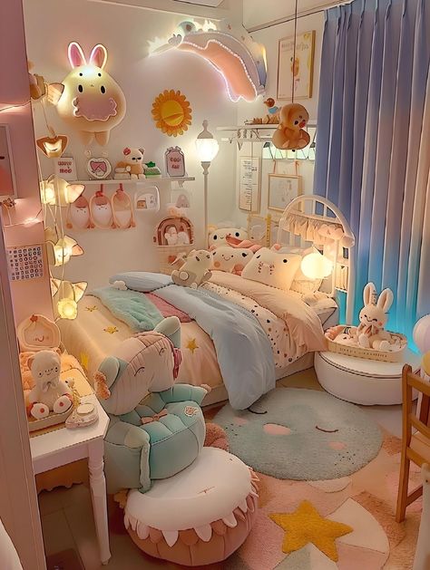 Cute Room Decor Pastel, Plushie Bedroom, Room Plushies, Pastel Apartment Aesthetic, Kawaii Bedroom Ideas, Pastel Bedroom Aesthetic, Kawaii Apartment, Kawaii Bedroom Aesthetic, Kawaii Bedroom Decor