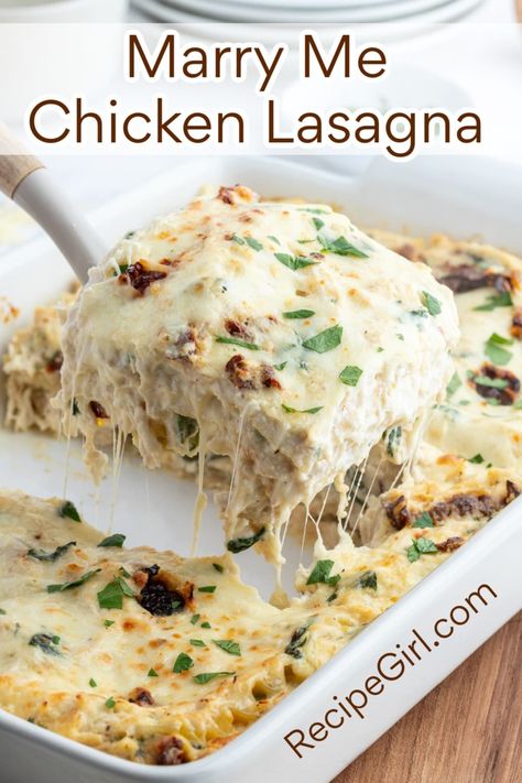 Marry Me Chicken Lasagna recipe from RecipeGirl.com How To Make Chicken Lasagna, Chicken Mushroom Lasagna Recipe, Chicken Ravioli Lasagna, Marry Me Lasagna, Chicken Lasagna Recipe With Ricotta, Marry Me Chicken Lasagna, Chicken Lasagna Recipe Easy, Creamy Chickpea Soup, White Chicken Lasagna Recipe