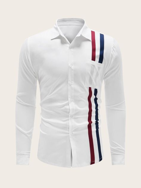 Free Returns ✓ Free Shipping On Orders $49+ ✓. Men Stripe Print Pocket Front Shirt- Men Shirts at SHEIN. Gents Shirt Design, Gents Shirts, African Wear Styles For Men, Latest African Men Fashion, African Dresses Men, African Shirts For Men, African Shirts, Men Stylish Dress, Slim Fit Dress Shirts