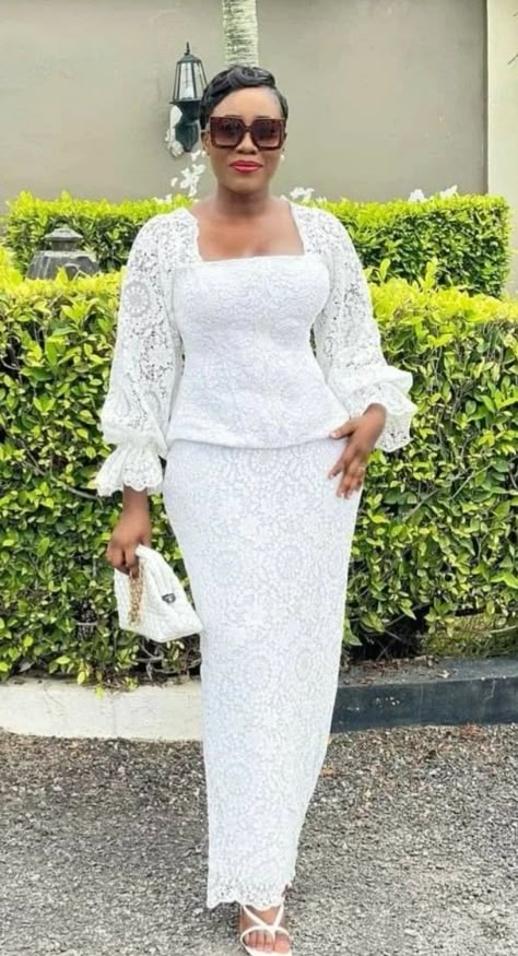 African Lace Dress Styles For Wedding Guest, Cord Lace Skirt And Blouse Styles, Cord Lace Blouse Styles, Cord Lace Skirt And Blouse, White Lace Dress Styles Ghana, White Lace Dress Styles Nigerian, White Lace Dress Styles, Lace Dress Styles Ghana, Cord Lace Gown Styles