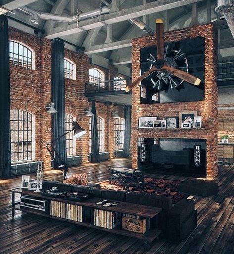 Bachelor Pad Design, Industrial Style Living Room, Warehouse Living, Loft Stil, Industrial Livingroom, Loft Industrial, Loft Ideas, Industrial Living, Industrial Interior Design