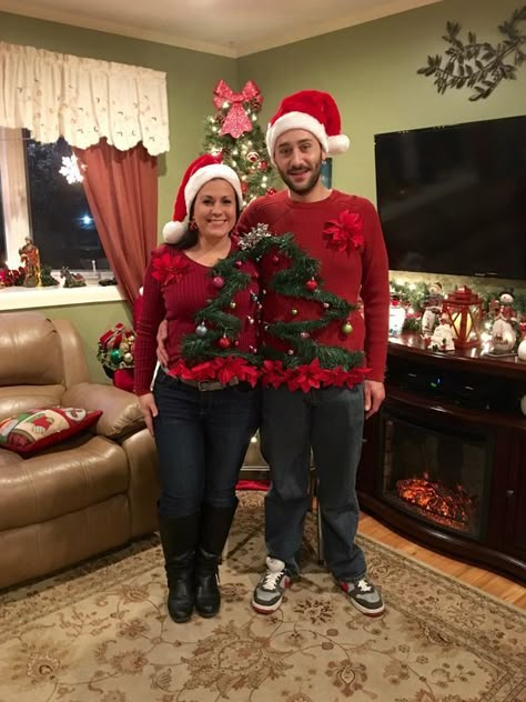 Couples Ugly Christmas Sweaters, Ugly Sweater Couple, Christmas Sweaters Ideas, Diy Ugly Sweater, Homemade Ugly Christmas Sweater, Matching Ugly Christmas Sweaters, Ugly Christmas Sweater Diy Funny, Ugly Christmas Sweater Diy, Christmas Sweater Diy