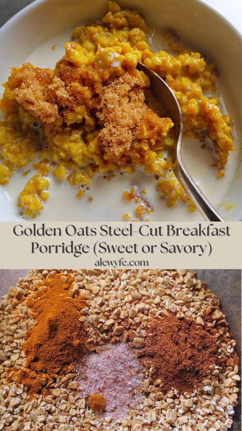 Tumeric Oatmeal Recipes, Golden Milk Oats, Savory Oats Recipes Breakfast, Savory Steel Cut Oats Recipes, Ground Oatmeal Recipes, Healthy Breakfast Porridge, Barley Breakfast Recipes, Savoury Oats Recipes, Steel Oats Recipes