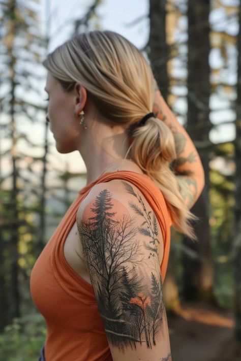 Forest Shoulder Tattoo For Women, Compass Leg Tattoo Woman, Nature Inspired Tattoos Women, Womans Sleeve Tattoo Ideas, Fun Tattoos For Women, Female Sleeve Tattoos, Nature Tattoo Sleeve Women, Tattoos For Women Sleeve, Natur Tattoo Arm