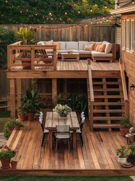 17 DIY Pallet Patio Deck Ideas – The DIY Desire Floating Wood Deck Patio, Deck For Backyard, House Deck Ideas Backyards, Outside Pallet Ideas, Decks And Porches Back Patio, Hot Tub Patio Ideas On A Budget, Shed With Deck, Deck Ideas Off Back Of House, Large Deck Ideas