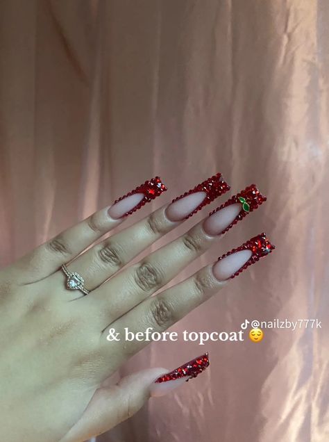 Red French Tip Nails Square With Gems, Long Acrylic Nails Rhinestones, Unique Acrylic Nails Creative Long, Red Birthday Nail Designs, Red Rhinestone Acrylic Nails, Red Blinged Out Nails, Red Sparkle Nails Acrylic, Red Diamond Nails, Red Exotic Nails