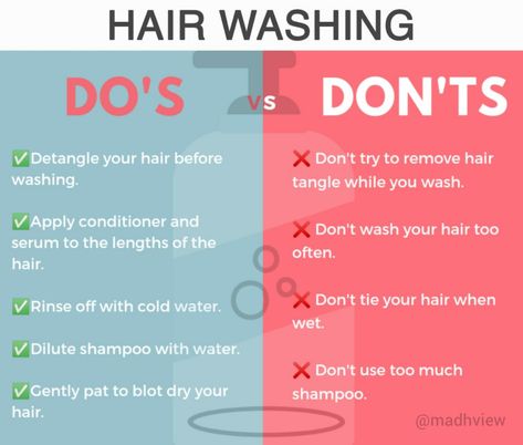 Hair wash is not just cleansing the hair. It's much more than that. And you have to do it in the right way to protect your hair. Here are few do's and don'ts that will help you avoid common mistakes and stay away from damage and hairfall during hair wash. FOLLOW @madhview on instagram for more! How To Stop Washing Hair Everyday, Should I Wash My Hair Today Chart, What To Do With Your Hair After Washing, What To Do Before Washing Your Hair, Best Ways To Wash Your Hair, Hair Washing Schedule For Oily Hair, The Right Way To Wash Your Hair, How To Not Wash Your Hair Everyday, How Many Times Should You Wash Your Hair