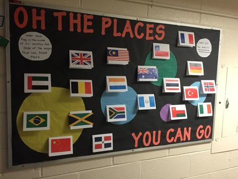 Oh the places you can go bulletin board for study abroad opportunities Geography Bulletin Board, Travel Bulletin Boards, Missions Bulletin Board, Diversity Display, Esl Classroom Decor, Diversity Bulletin Board, World Bulletin Board, Multicultural Night, Resident Assistant Bulletin Boards