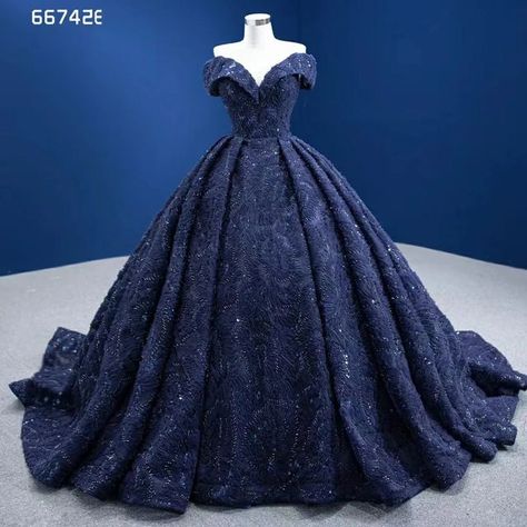 Royal Blue Gown For Debut, Ball Gowns Dark Blue, Dark Blue Wedding Dress Brides, Blue Ball Gown Wedding Dress, Dark Blue Ball Gown, Navy Blue Ball Gown, Royal Blue Evening Gown, Beaded Ball Gown, Wedding Dress Off The Shoulder