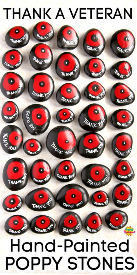 These simple painted poppy stones are a lovely way to honour and thank a veteran this Remembrance Day. Great group project for a family, classroom or community.#HappyHooligans #Poppy #Stones #Rocks #RemembranceDay #Veterans #Day #Anzac #Poppies #Craft #Kids #November11 Rememberence Day Wreath, Poppy Rocks Painted, Remembrance Day Painted Rocks, Poppy Crafts For Kids, Poppies Craft, Remembrance Poppies, Poppy Crafts, Poppy Craft For Kids, Anzac Poppy