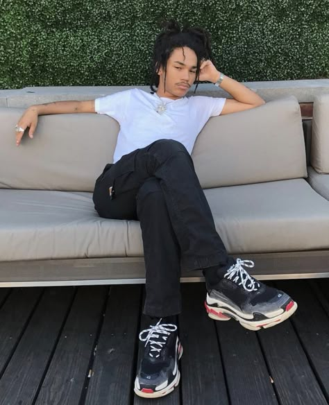 BALENCIAGA Triple S Trainers In Black Colorway on Luka Sabbat Triple S Outfit Men, Balenciaga Triple S Outfit Men, Lukas Sabbat, Balenciaga Triple S Outfit, Triple S Outfit, Luca Sabbat, Lukka Sabbat, Luka Sabbat, Don Juan