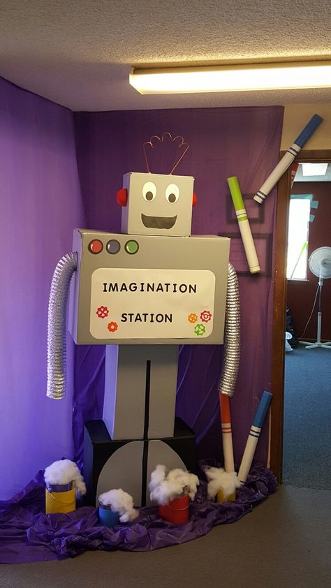 Computer Exhibition Ideas For School, Technology Theme Decoration, Robotic Decoration, Imagination Station Ideas, Robotic Theme Decoration, Robot Bulletin Board, Robotics Classroom Design, Robot Decorations Classroom, Robotics Decoration