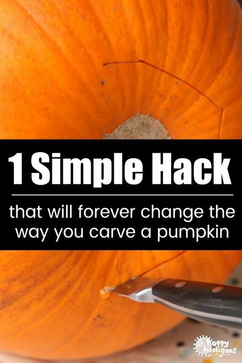 This pumpkin carving hack is a total game changer! You'll never carve your pumpkin the same way again! #HappyHooligans #HalloweenHack #PumpkinCarving #PumpkinTips #EasyCarving #Jackolanterntips #JackolanternHacks Pumpkin Carving Images, Pumpkin Carving Tricks, Pumpkin Carving Tips And Tricks, How To Carve A Pumpkin Easy, Winning Pumpkin Carving Contest Ideas, Easy Pumpkin Carving Ideas For Kids, Evil Pumpkin Carving, Scary Pumpkin Carvings, Cool Pumpkin Designs