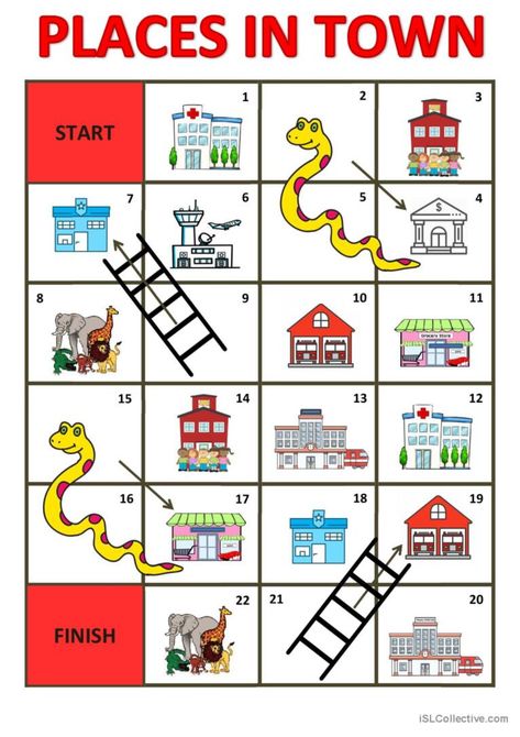 Vocabulary Activities Elementary, Esl Board Games, Esl Vocabulary Games, English Grammar Games, Town Games, Kindergarten Phonics Worksheets, Game Place, City Theme, History Worksheets