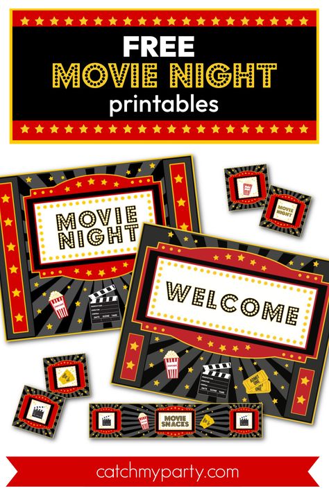 There's nothing better than going to the movies and sharing the experience with others. Replicate this feeling by treating your family and friends to a family movie night party at home and catch up on an old favorite or a new release! Make a night of it and use our FREE movie night printables to decorate your house and recreate some movie theater magic! See more party ideas and share yours at CatchMyParty.com Movie Night At School, Movie Night Party Decorations, Movie Night Poster, Night Cinema, Movie Night Printables, Frida Kahlo Illustration, Cinema Theme, Movie Theater Party, Diy Movie Night