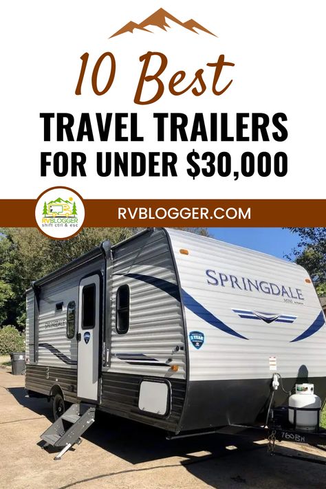 If you're in the market for a new travel trailer, be sure to check out this list of 10 best trailers that will cost you less than $30,000. But before you buy, read these tips on whether you should buy from a local RV dealer or go with a big name. Campers For Sale Cheap, Camper Checklist Travel Trailers, Geo Pro Travel Trailer Hacks, Cheap Rv Living, Travel Trailers Under 5000 Lbs, Ultra Lite Travel Trailers, Best Travel Trailers, New Travel Trailers, Lightweight Travel Trailers