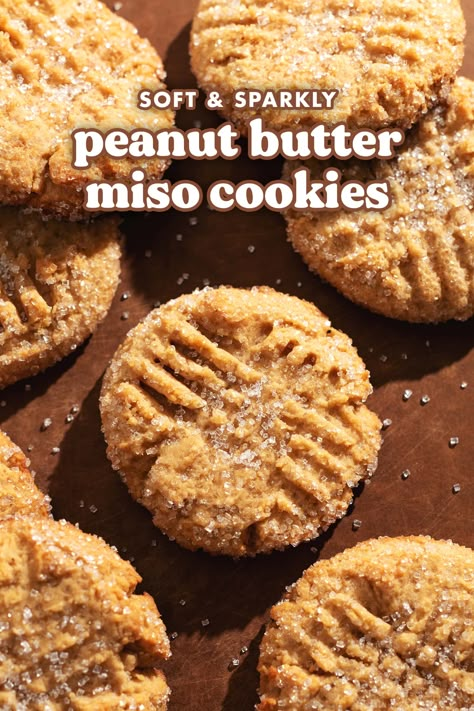 These peanut butter miso cookies are ultra soft with the crunch of sugar crystals on the outside. They're delicious rich, buttery, and savoury cookies that you'll love! #peanutbutter #miso #cookies | teakandthyme.com Miso Peanut Butter Cookies, Miso Cookies, Savoury Cookies, Photography Cookies, Cookies Meringue, Miso Recipe, Bite Size Cookies, Sugar Crystals, Pastry Recipes