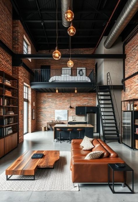 Concrete Loft House, Loft Kitchen Living Room, Industrial Home Aesthetic, Apartment With Loft Bedroom, Loft Cabin Ideas, Warm Industrial Interior, Industrial Design Aesthetic, Modern Loft Apartment Design, Upstairs Loft Office