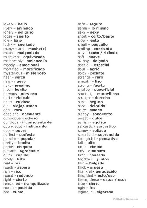 Adjectives In English And In Spanish Worksheet - Free Esl Printable 170 Adjectives In English, Common Spanish Phrases, Spanish 101, Spanish Adjectives, Learn Spanish Free, Useful Spanish Phrases, Spanish Words For Beginners, Words In Spanish, Basic Spanish Words