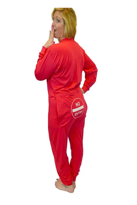 BIG FEET PAJAMAS Red Union Suit Onesie Pyjamas with Funny Bum Flap NO ENTRY for Men & Women Red onesie union suit has funny butt flap with a NO ENTRY sign screen printed on the flap. These onesies can be worn as pyjamas or loungewear.  Lighter than the original wool union suits, these jersey cotton onesies are more like your favorite t-shirt, but (no pun) they still have the convenient drop seat, also referred to as butt-flap, or bum-flap.  #onesies #bumflappajamas #adultonesies #funnypajamas Girly Lounge Wear, Drop Seat Pajamas, No Entry Sign, Onesies Pajamas, Bunny Outfits, Easter Bunny Outfits, Hoodie Jumpsuit, Womens Onesie, Funny Pajamas