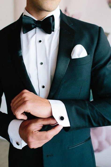 black bow tie Black Tux Wedding, Green Wedding Suit, Wedding Tux, Groom Wedding Attire, Wedding Outfit Men, Groom And Groomsmen Attire, Wedding Suits Groom, Black Tux, Groomsmen Suits