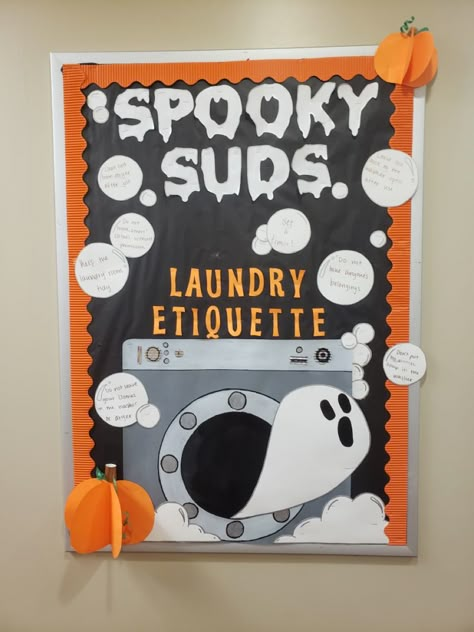 Laundry Bulletin Board, Halloween Ra Events, Laundry Room Bulletin Board Ra, Halloween Door Decs Ra, Halloween Bulletin Boards For College, Fall Ra Bulletin Boards, Halloween Ra Bulletin Boards, November Ra Bulletin Boards, October Ra Bulletin Boards