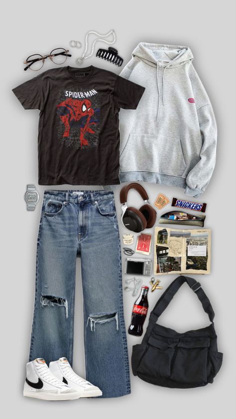 #aestheticoutfit #outfit #outfitinspiration #outfitinspo #spiderman #marvel Spiderman Style Clothes, Spiderman Inspired Outfit Aesthetic, Spiderman Jacket Outfit, Peter Parker Aesthetic Outfit, Graphic Outfit Ideas, Spider Man Outfits Ideas Aesthetic, Marvel Outfits Aesthetic, Spiderman Outfit Aesthetic, Spiderman Aesthetic Outfit