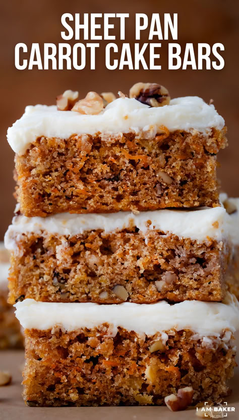 These Sheet Pan Carrot Cake Bars are moist dessert bars made with warm spices, walnuts, grated carrots, and pineapple, then topped with a creamy maple frosting. They give you all the cozy flavors of a classic carrot cake in easy-to-serve bars! Easy Carrot Cake Bars, Sheet Pan Carrot Cake, Easy Fancy Desserts, Carrot Sheet Cake Recipe, Easy Desserts To Impress, Sheet Pan Desserts, Carrot Sheet Cake, Carrot Cake Bars Recipe, Carrot Bars