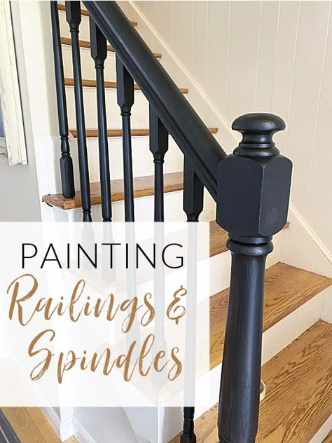 How To Repaint Stair Railing, Updating Spindles On Stairs, Painted Oak Stair Railing, Changing Out Stair Spindles, Black Painted Banister Stairways, Painting A Staircase Railing, Banister And Railing Makeover, Painting Oak Railings, Banisters And Railings Makeover Paint