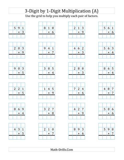 The 3-Digit by 1-Digit Multiplication with Grid Support (A) math worksheet from the Long Multiplication Worksheet page at Math-Drills.com. Long Multiplication Worksheets, Long Multiplication, Decimal Multiplication, Multiplication And Division Worksheets, Easy Math Worksheets, Multiplication Facts Worksheets, Printable Multiplication Worksheets, Math Multiplication Worksheets, Math Fact Worksheets