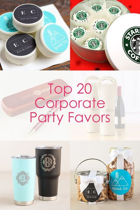 Planning a corporate party? Find the best corporate party favors and gifts all in one place! Party Favors For Business Events, Corporate Party Gift Ideas, Branded Party Favors, Corporate Event Prizes, Corporate Event Giveaway Ideas, Meeting Giveaway Ideas, Business Goody Bag Ideas, Diy Promotion Gifts, Corporate Retreat Gifts