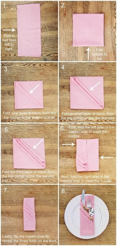 How To Fold Napkins, Napkin Folding Tutorial, Fold Napkins, Hadiah Diy, Tafel Decor, Pink Napkins, בר מצווה, How To Fold, Napkin Folding