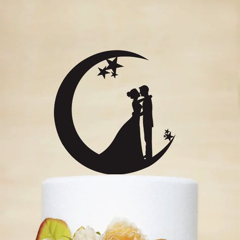 Moon And Stars Cake, Stars Cake, Bride And Groom Silhouette, Cake Topper Acrylic, Customized Cake, Book Clip Art, Gold Cake Topper, Moon Wedding, Wedding Types