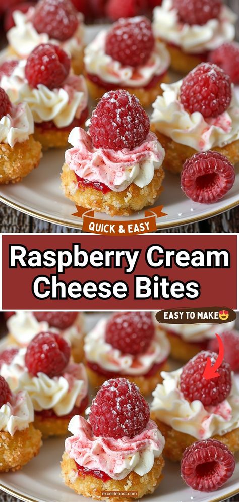 Raspberry Cream Cheese Bites Quick Dessert Ideas, Raspberry Cheesecake Bites, Cream Cheese Bites, Cream Puff Filling, Mini Cheesecake Bites, Fruit Sweets, Raspberry Cream Cheese, Cream Cheese Ball, Fast Dessert Recipes