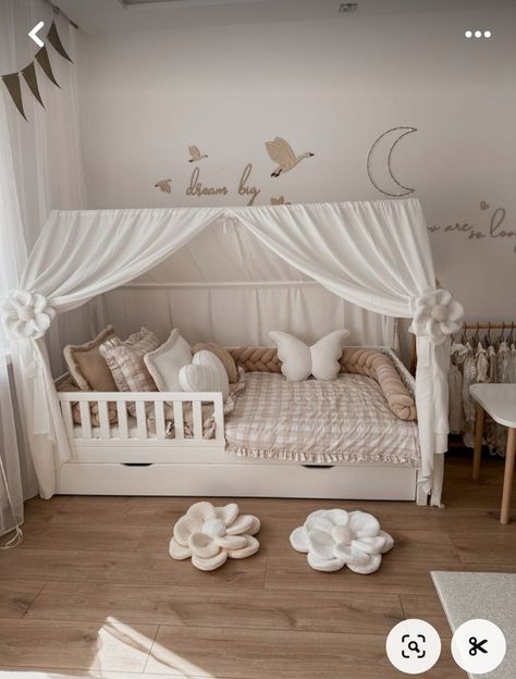 Bedroom With Canopy Bed, Bedroom With Canopy, White Canopy Bed, Decorated Bedroom, Toddler Bed Girl, Baby Room Closet, Girl Room Inspiration, Baby Room Neutral, Toddler Girl Room