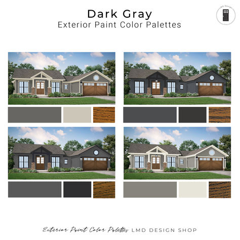 Charcoal Gray / Dark Gray – 4 Pre-Made Exterior Paint Color Schemes Dark Grey Outside Paint Exterior Houses, Best Dark Gray Exterior Paint Colors, Charcoal Gray Farmhouse Exterior, Dark Grey House Exterior Charcoal Paint Colors, Dark Grey Outdoor House Paint, Dark Gray Exterior House Colors, Dark Grey Houses, Exterior Paint Color Schemes, Grey Exterior House Colors