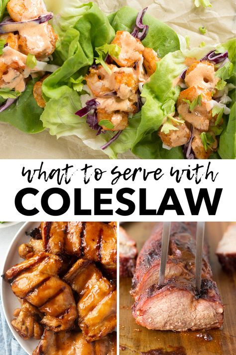 Wondering what to serve with coleslaw? In this post, you’ll find over 25 meal ideas that go perfectly with your creamy coleslaw. From classic favorites like hot dogs, hamburgers, and pulled pork to other fun options such as tacos, shrimp skewers, and grilled fish, you’ll find a wide range of pairings to satisfy any hungry family. What To Eat With Coleslaw, Coleslaw Meal Ideas, Meals With Coleslaw, Tacos Shrimp, Pan Kitchen, Healthy Dinner Options, Creamy Coleslaw, Shrimp Skewers, Savory Chicken