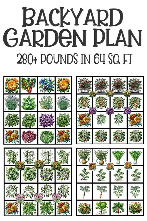 Want to start a vegetable garden in the backyard? We've got you covered with this easy backyard garden plan and layout that uses 64 sq. ft. and produces up to 280+ pounds of veggie produce! That's a lot of garden harvest after the growing season. This veg garden layout is perfect for beginner gardeners or avid gardeners. With step-by-step care instructions and tips for maintenance and yield optimization, this guide will help you plan a garden that’s beautiful, abundant, and easy to manage. Small Vegetable Garden Ideas Layout Raised Beds, Efficient Garden Layout, Small Raised Bed Garden Layout, Sq Ft Gardening Layout, Garden Spacing, Dream Vegetable Garden, Veggie Garden Layout, Vegetable Garden Layout Design, Plan A Garden