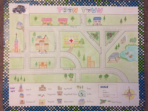 Map with Keys Scale Compass Elementary School Project.. My son found some keys idea from the internet and created his own street path... Colorful... everyone loved it!! Elementary School Social Studies Activities, Map School Project Ideas, Map Projects For Kids, Geometry City Project, Geometry Town Project, Create Your Own Map Project, Geometry Map Project, How To Draw A City On A Map, How To Draw A Town Map