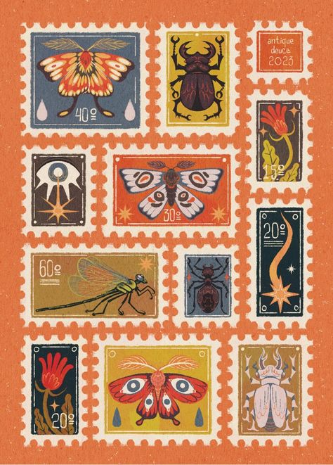 Arte Inspo, Logo Vintage, Bugs And Insects, Funky Art, Art And Illustration, Sticker Art, Pretty Art, Postage Stamps, Drawing Inspiration