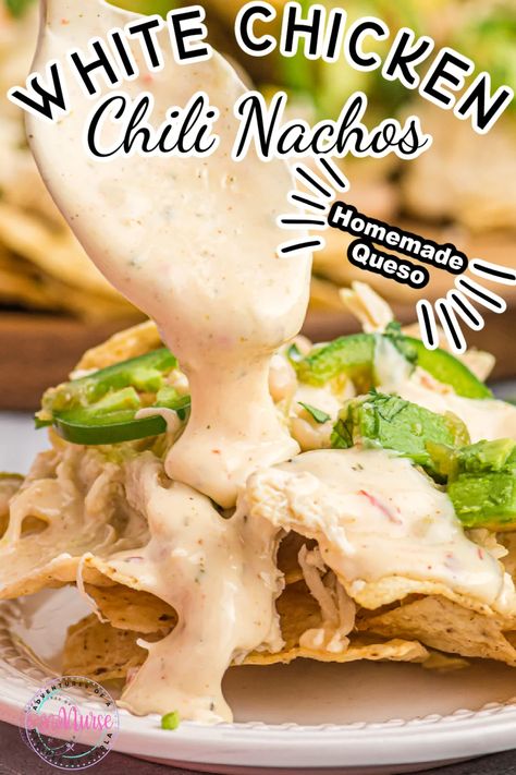 Chili Nachos with homemade queso is a spicy dish with shredded chicken, jalapenos, and white beans, and then topped with avocado and cilantro. These cheesy chicken chili nachos will be a big hit at any party. Chicken Nachos With White Queso, Chili Nachos Recipe, Homemade Queso, Chili Nachos, Best Instapot Recipes, Bean Nachos, Nachos Ingredients, Can Chicken Recipes, Nourishing Recipes