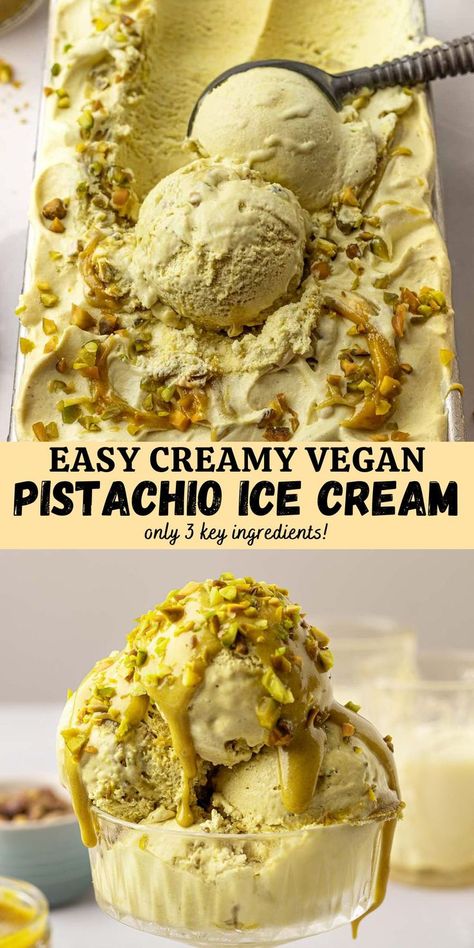 This vegan pistachio ice cream is indulgent, extra creamy and easy to make using only 3 key ingredients. And it includes an easy pistachio swirl for extra flavor! You don't need an ice cream maker, bananas, cashews or coconut milk for this dessert. Vegan Pistachio Ice Cream, Pistachio Recipes Desserts, Vegan Coconut Ice Cream, Vegan Pistachio, Cashew Recipes, Pistachio Dessert, Vegan Ice Cream Recipe, Dairy Free Cream, Easy Vegan Dessert