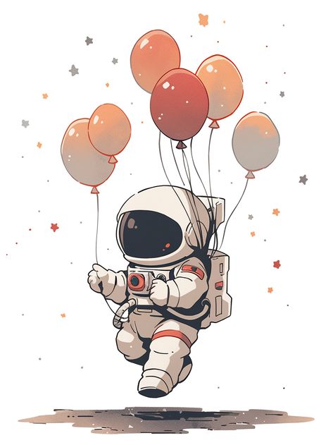 The cute little astronaut was carried off the ground by the balloon, a childlike illustration. Drawing Ideas Space, Outer Space Drawing, Astronaut Drawing, Astronaut Illustration, Book Illustration Layout, Astronaut Cartoon, Cute Astronaut, Round Of Applause, Astronaut Design